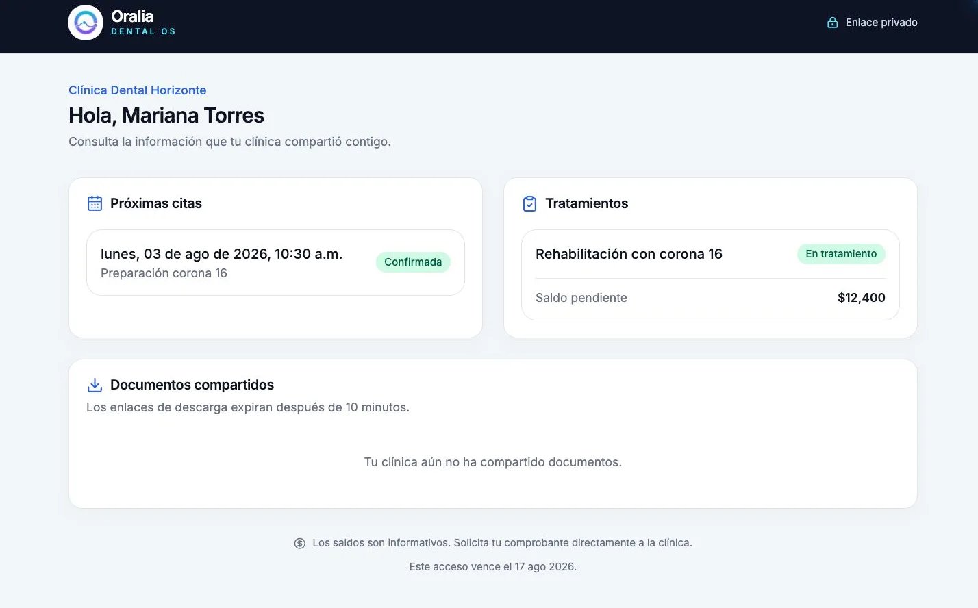 Portal demostrativo del paciente en Oralia con próximas citas y tratamientos